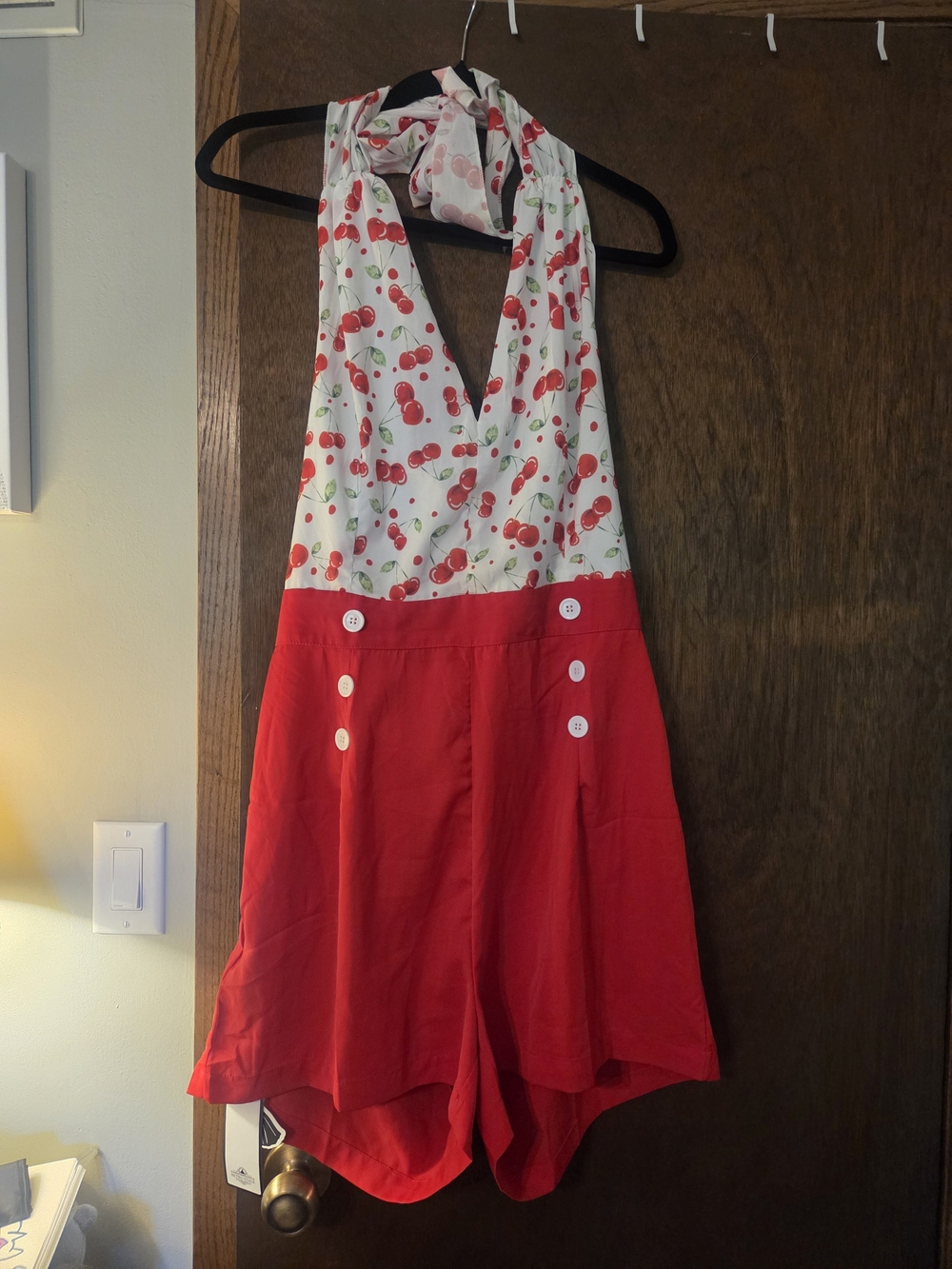 Retro Stage NWT X-L Red Halter Romper with Cherry Print Top Pinup